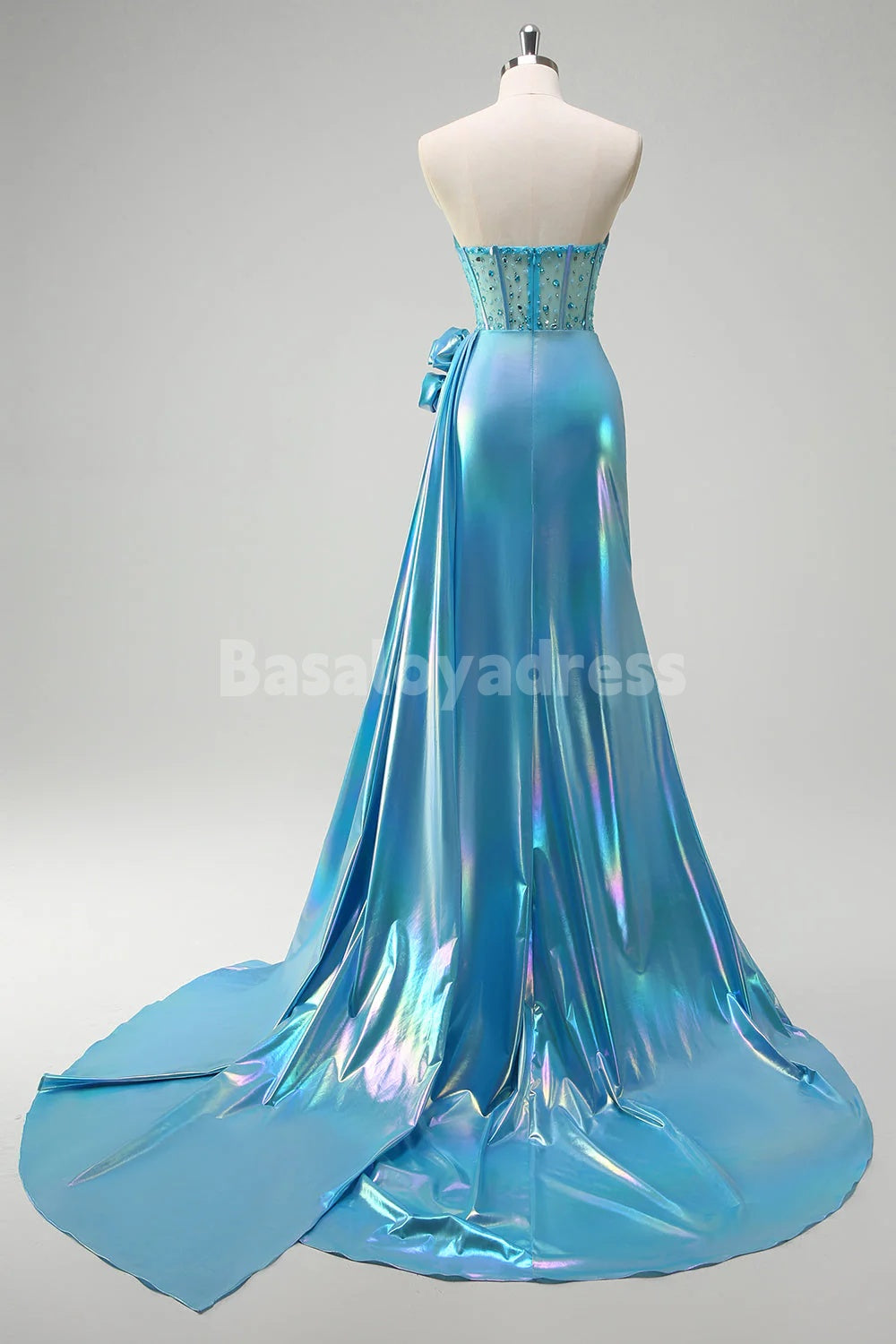 BDES00168 Vibrant Blue Mermaid Prom Dress Strapless 3D Flowers Beaded Long Dress with Slit