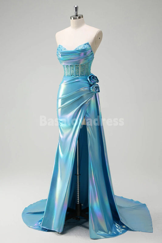 BDES00168 Vibrant Blue Mermaid Prom Dress Strapless 3D Flowers Beaded Long Dress with Slit