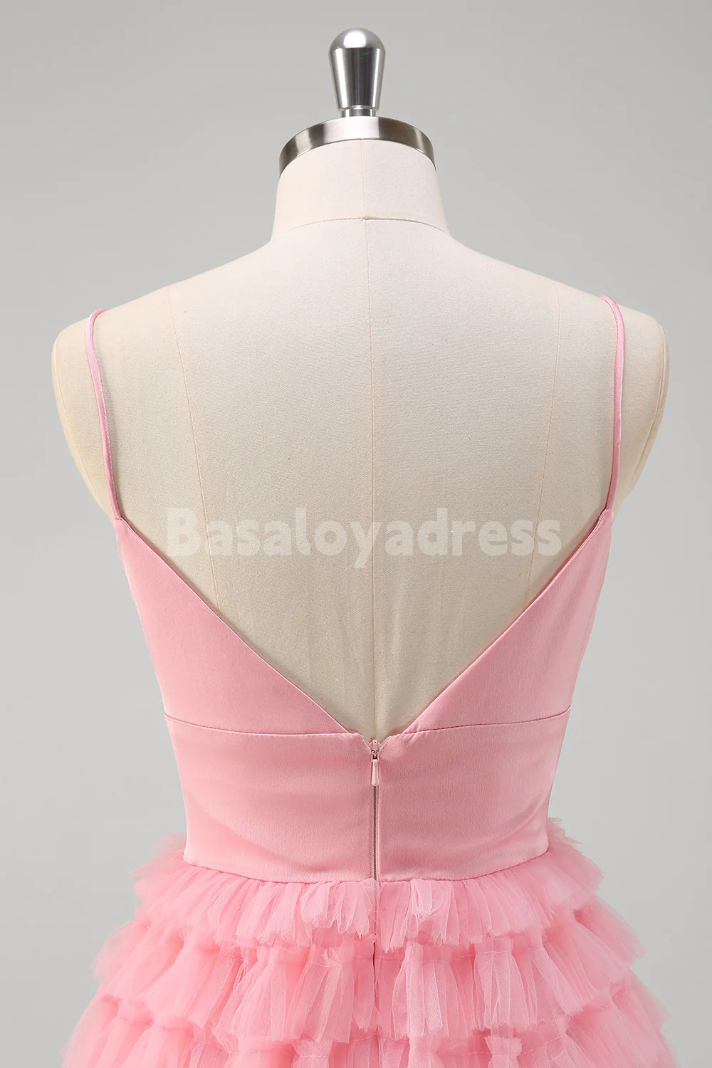 BDES00164 A Line Spaghetti Straps Tulle Tiered Long Prom Dress Pink Bridesmaid Dress