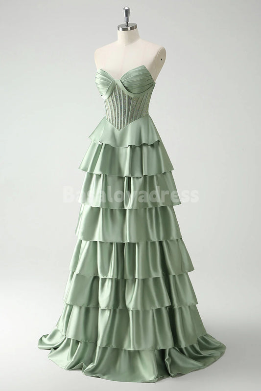 BDES00169 Sparkle Green Sweetheart Satin Tiered Corset Strapless Long Prom Dress