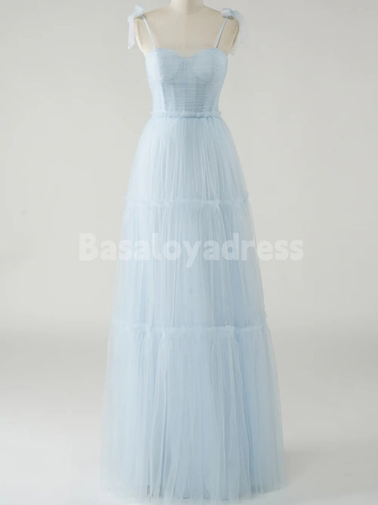 BDES00134 Sky Blue A-Line Bow Tie Straps Tulle Prom Dress Sleeveless Bridesmaid Dresses