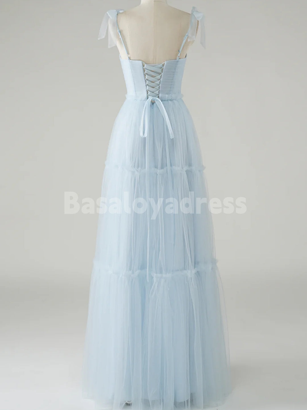 BDES00134 Sky Blue A-Line Bow Tie Straps Tulle Prom Dress Sleeveless Bridesmaid Dresses