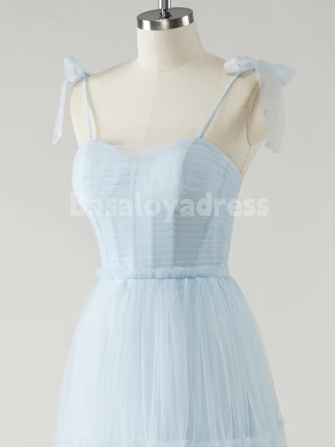 BDES00134 Sky Blue A-Line Bow Tie Straps Tulle Prom Dress Sleeveless Bridesmaid Dresses