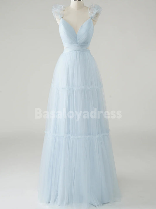BDES00133 Sky Blue A-Line Ruffles Straps Tulle Prom Dress V-Neck Sleeveless Bridesmaid Dresses