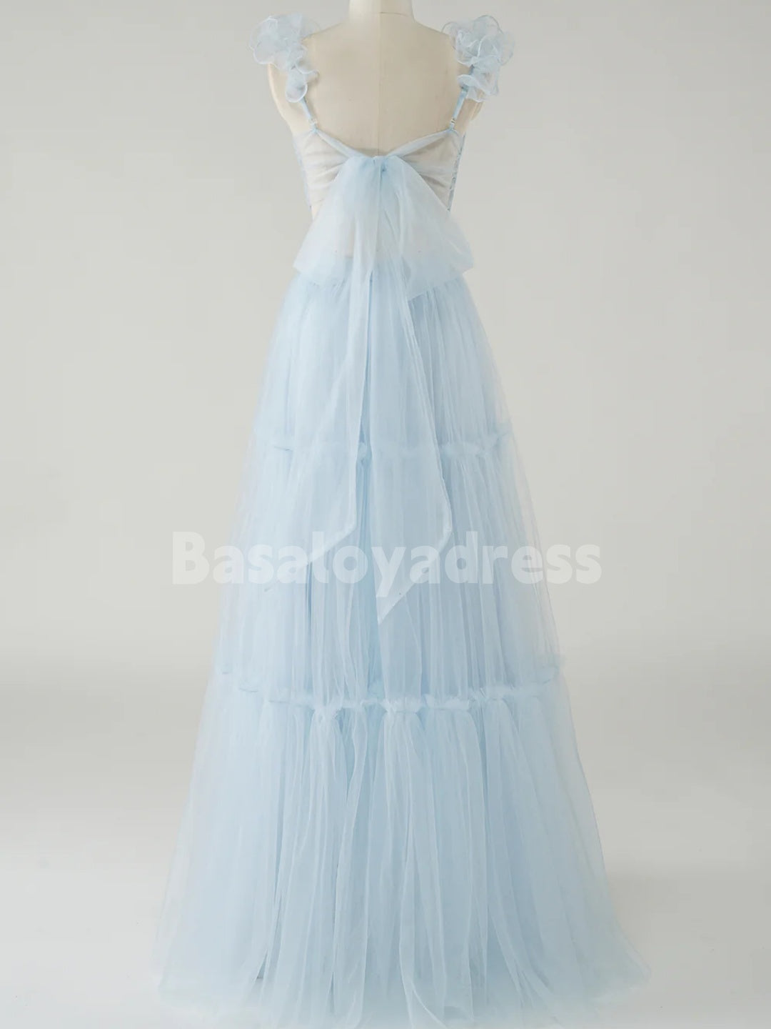 BDES00133 Sky Blue A-Line Ruffles Straps Tulle Prom Dress V-Neck Sleeveless Bridesmaid Dresses