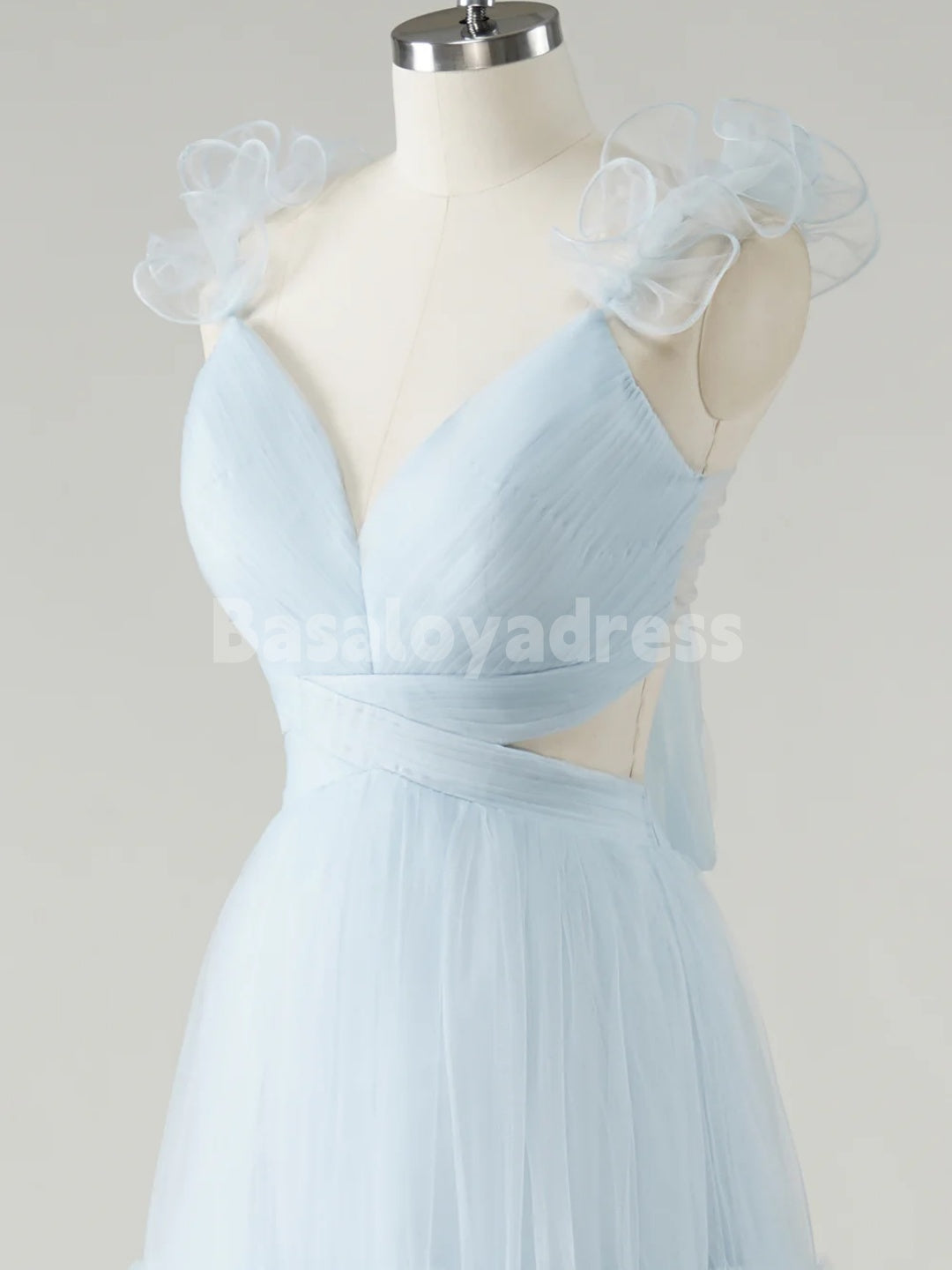 BDES00133 Sky Blue A-Line Ruffles Straps Tulle Prom Dress V-Neck Sleeveless Bridesmaid Dresses