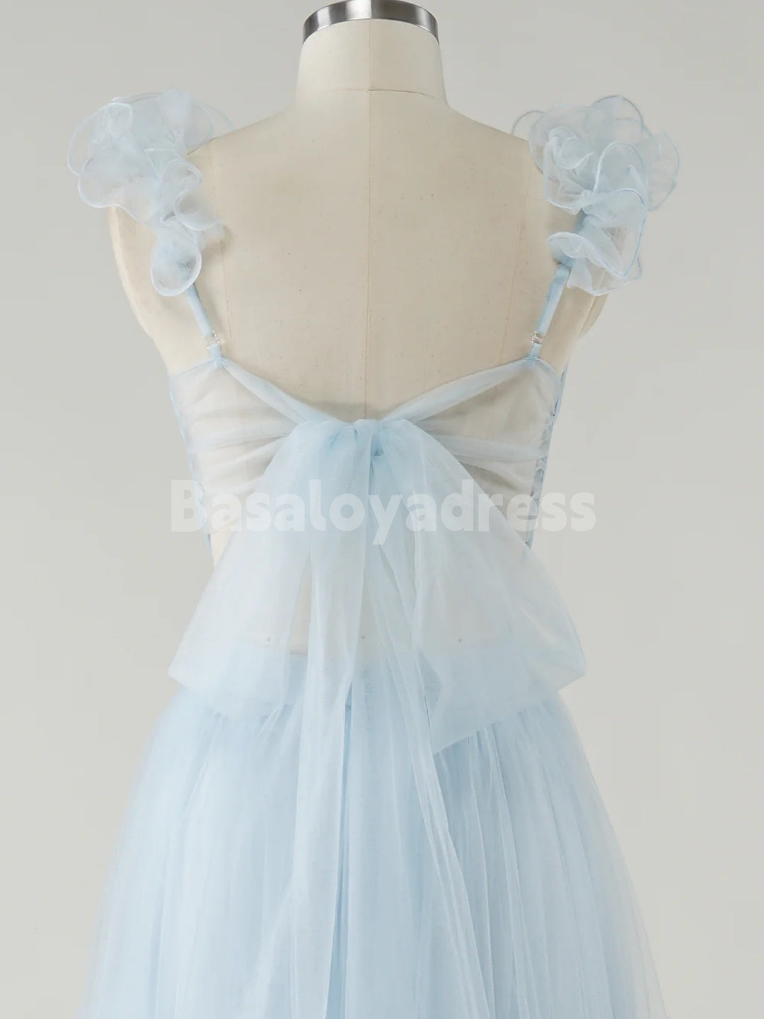 BDES00133 Sky Blue A-Line Ruffles Straps Tulle Prom Dress V-Neck Sleeveless Bridesmaid Dresses