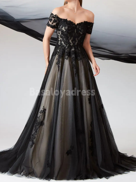 BWD00051 Black Champagne Off the Shoulder Tulle Ball Gown Gothic A-Line Sweetheart Wedding Dress