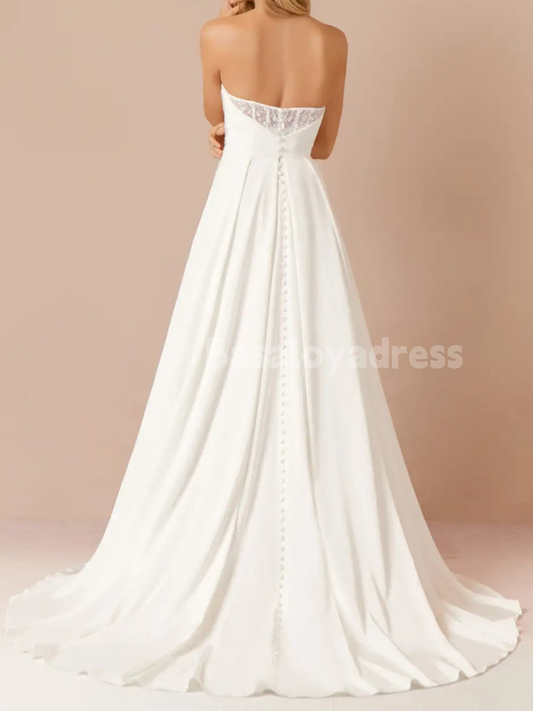 BWD00048 A-Line Crepe Back Lace Applique Dress with Detachable Spaghetti Straps and High Slit