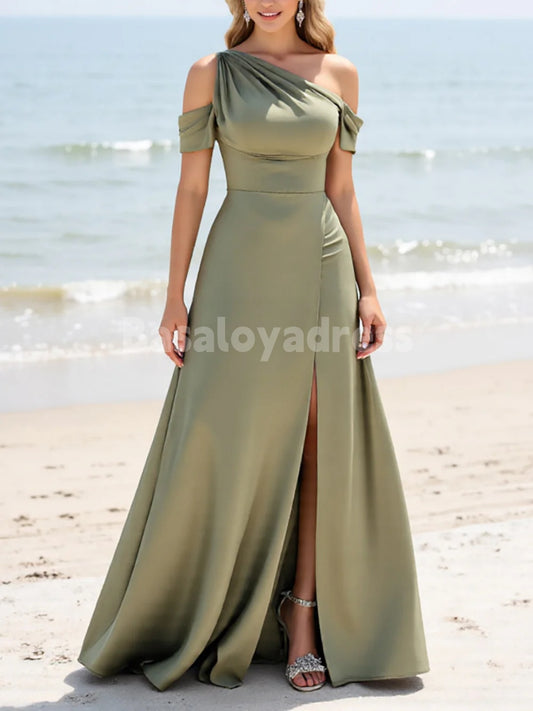 BDES00130 Olive A Line Asymmetrical Neckline One Shoulder Pleated Bridesmaid Dress Elegant Maxi Dress For Christmas