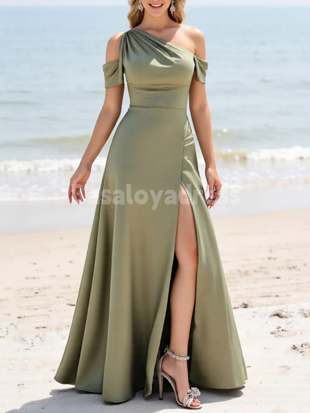 BDES00130 Olive A Line Asymmetrical Neckline One Shoulder Pleated Bridesmaid Dress Elegant Maxi Dress For Christmas