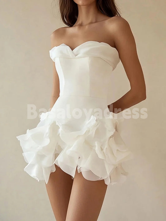 BSD00037 Sexy A-line Mini Homecoming Dresses Sweetheart Strapless Ruffled Little White Graduation Dress