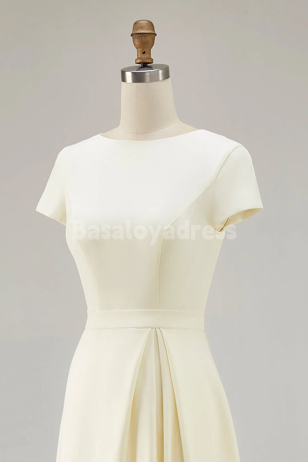 BDES00173 Light Yellow A Line Boat Neck Vintage Satin Short Sleeves Midi Work Dress