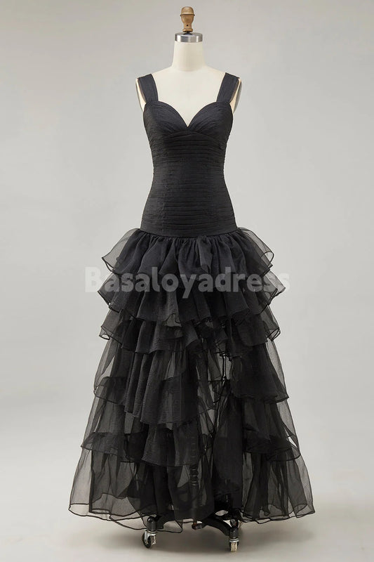 BDES00172 Black Organza A-Line Pleated Top High-Low Hem Formal Dress with Ruffle Slit