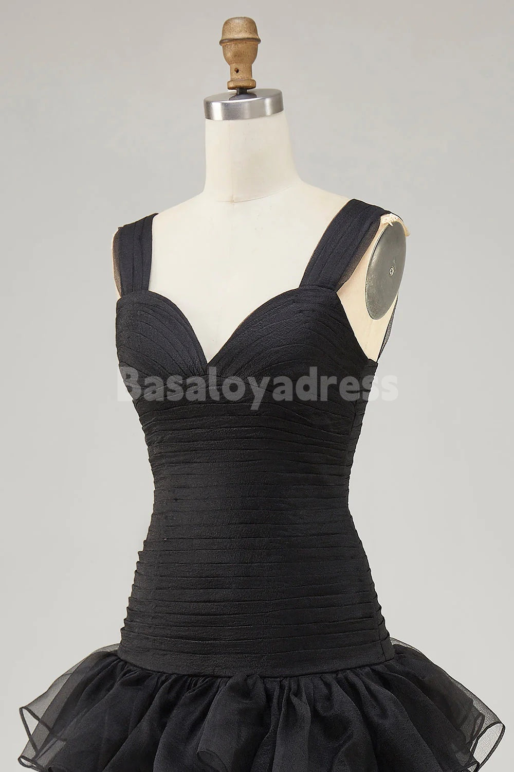 BDES00172 Black Organza A-Line Pleated Top High-Low Hem Formal Dress with Ruffle Slit