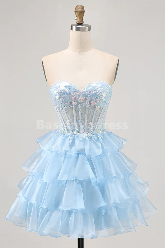 BSD00093 Blue Sweetheart Sequins Corset Tiered Short Prom Dress Homecoming Dress with Lace Up Back