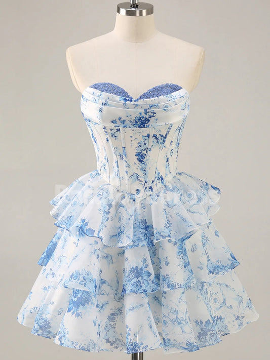 BSD00054 White Blue Floral Printed A-Line Strapless Short Homecoming Dress with Lace and Beading at the Bust