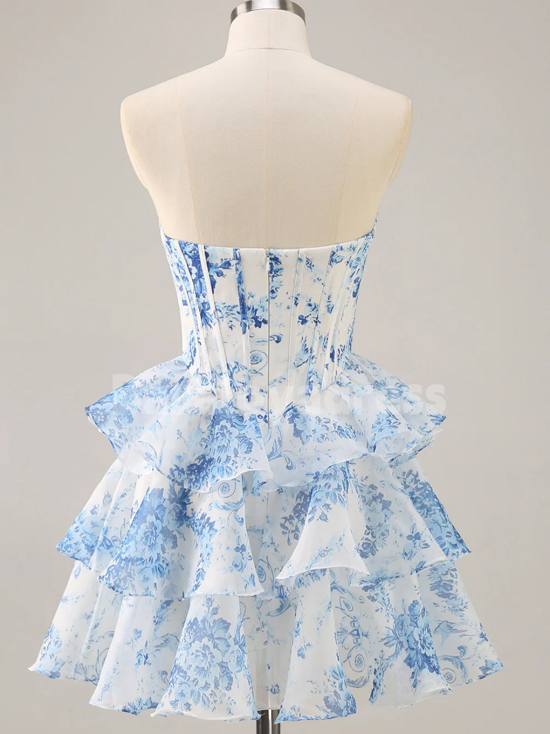 BSD00054 White Blue Floral Printed A-Line Strapless Short Homecoming Dress with Lace and Beading at the Bust