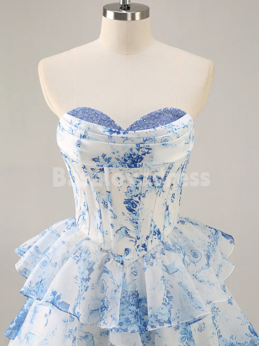 BSD00054 White Blue Floral Printed A-Line Strapless Short Homecoming Dress with Lace and Beading at the Bust