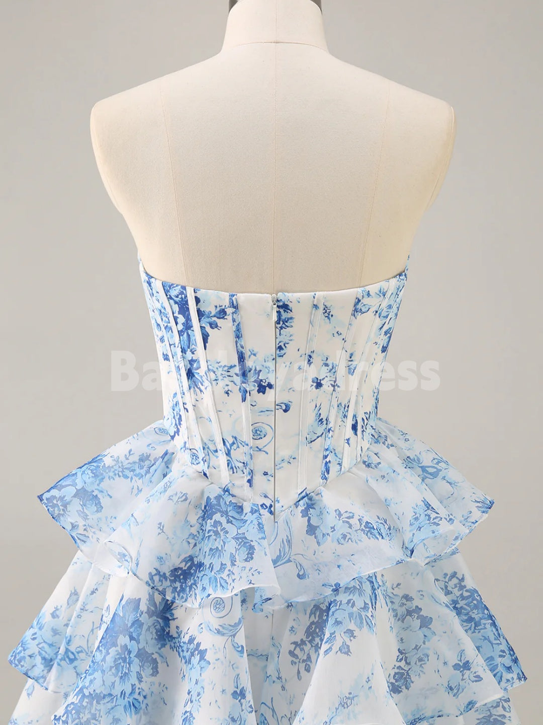 BSD00054 White Blue Floral Printed A-Line Strapless Short Homecoming Dress with Lace and Beading at the Bust
