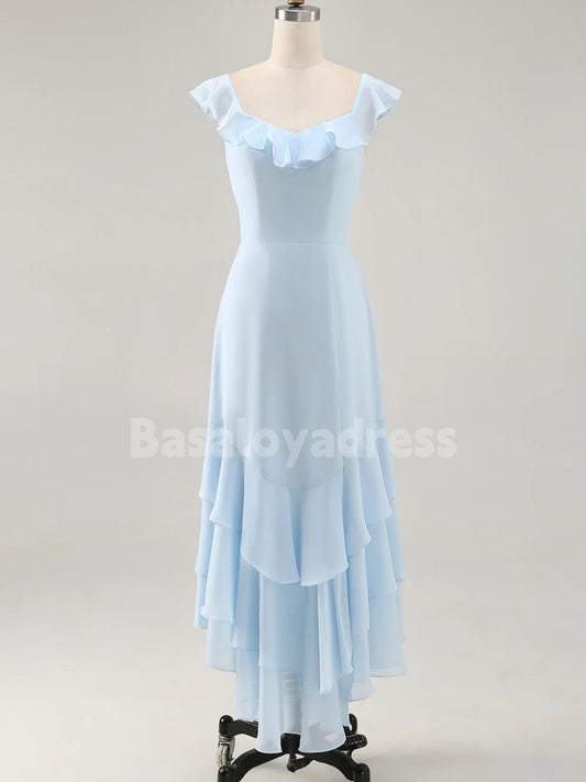 BDES00128 Sky Blue Chiffon A Line Bridesmaid Dress Tiered Asymmetrical Wedding Guest Dress with Ruffles