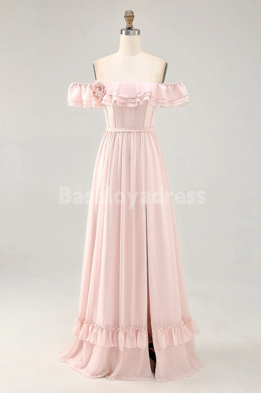 BDES00170 Pink A Line Off The Shoulder Ruffled 3D Flower Bridesmaid Dress with Slit