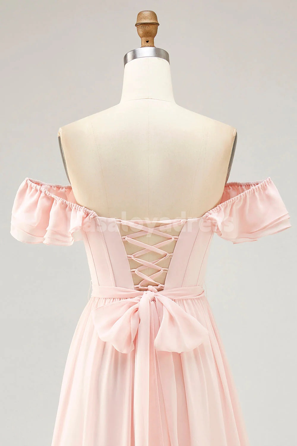 BDES00170 Pink A Line Off The Shoulder Ruffled 3D Flower Bridesmaid Dress with Slit