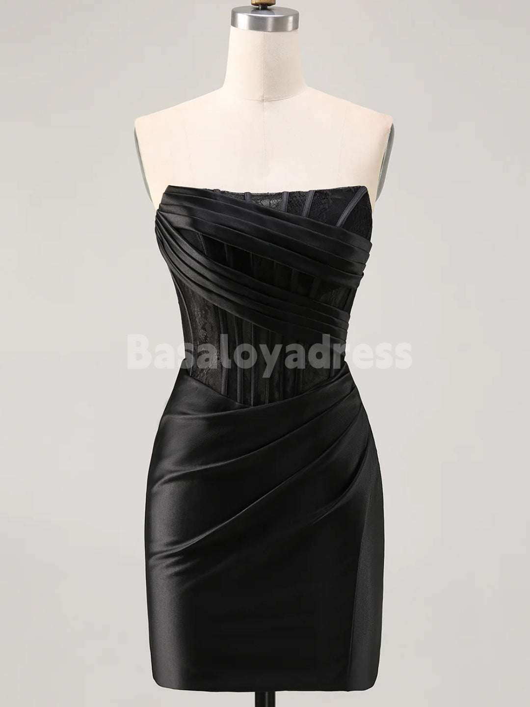 BSD00056 Corset Strapless Bodycon Lace Satin Pleated Short Homecoming Dress