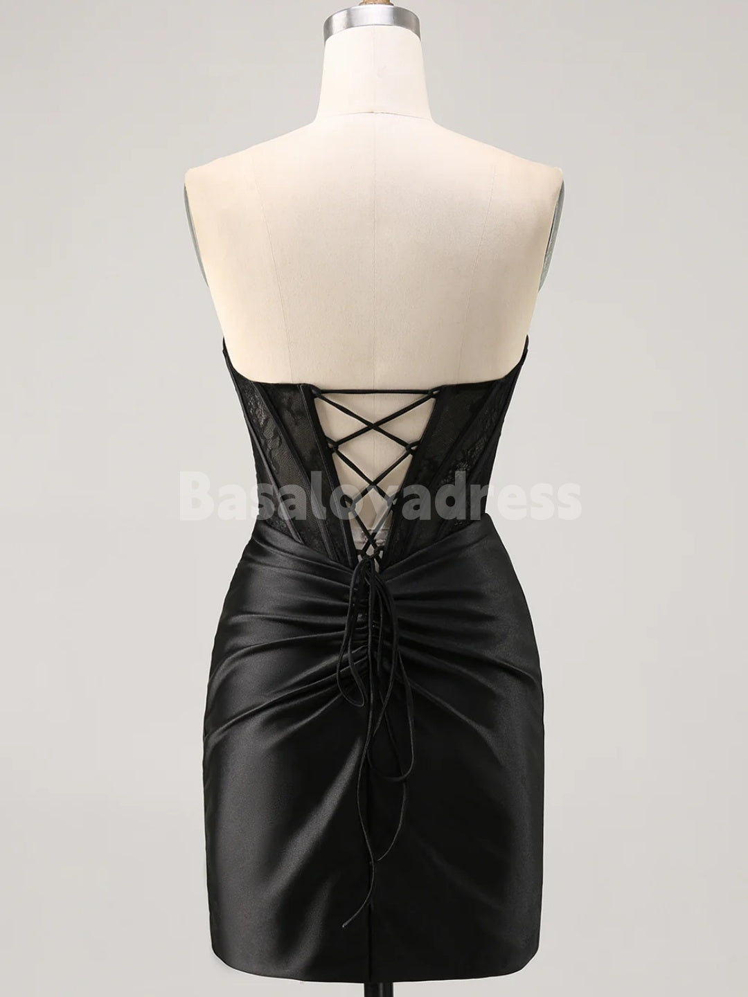BSD00056 Corset Strapless Bodycon Lace Satin Pleated Short Homecoming Dress