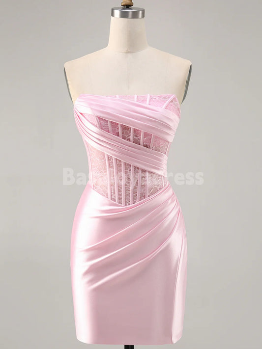 BSD00056 Corset Strapless Bodycon Lace Satin Pleated Short Homecoming Dress
