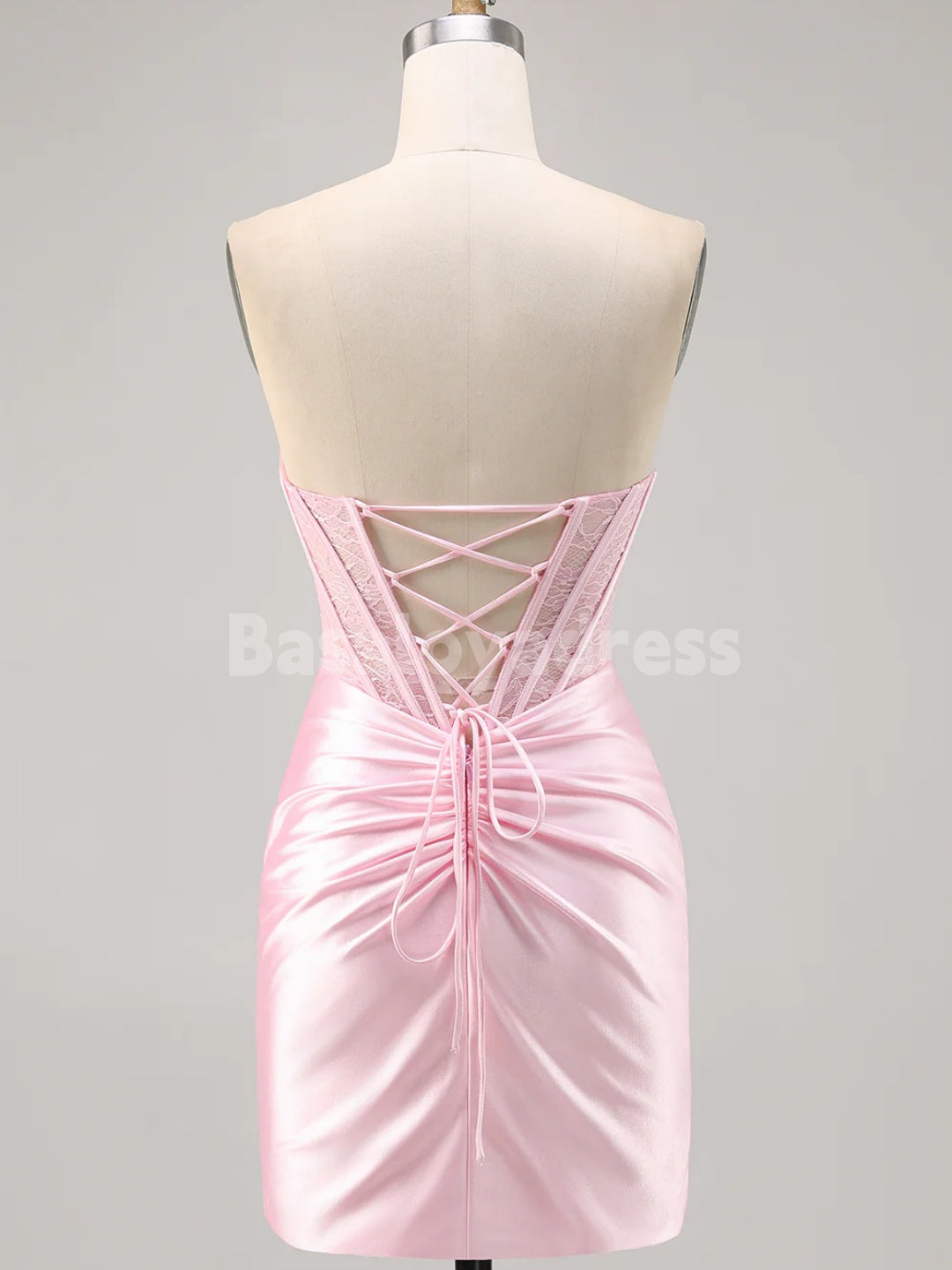 BSD00056 Corset Strapless Bodycon Lace Satin Pleated Short Homecoming Dress