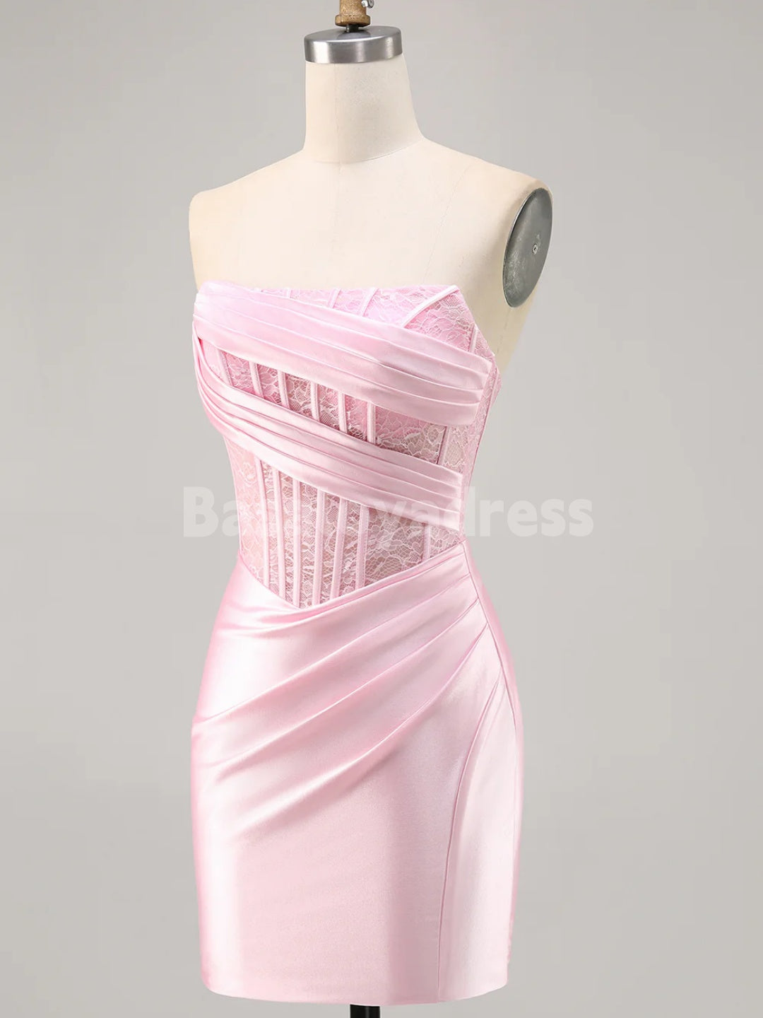BSD00056 Corset Strapless Bodycon Lace Satin Pleated Short Homecoming Dress