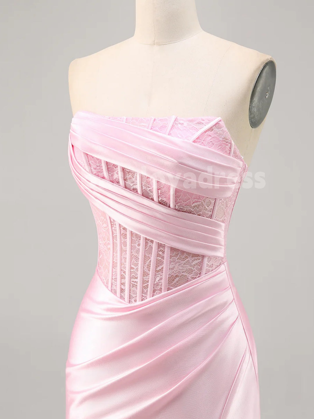 BSD00056 Corset Strapless Bodycon Lace Satin Pleated Short Homecoming Dress