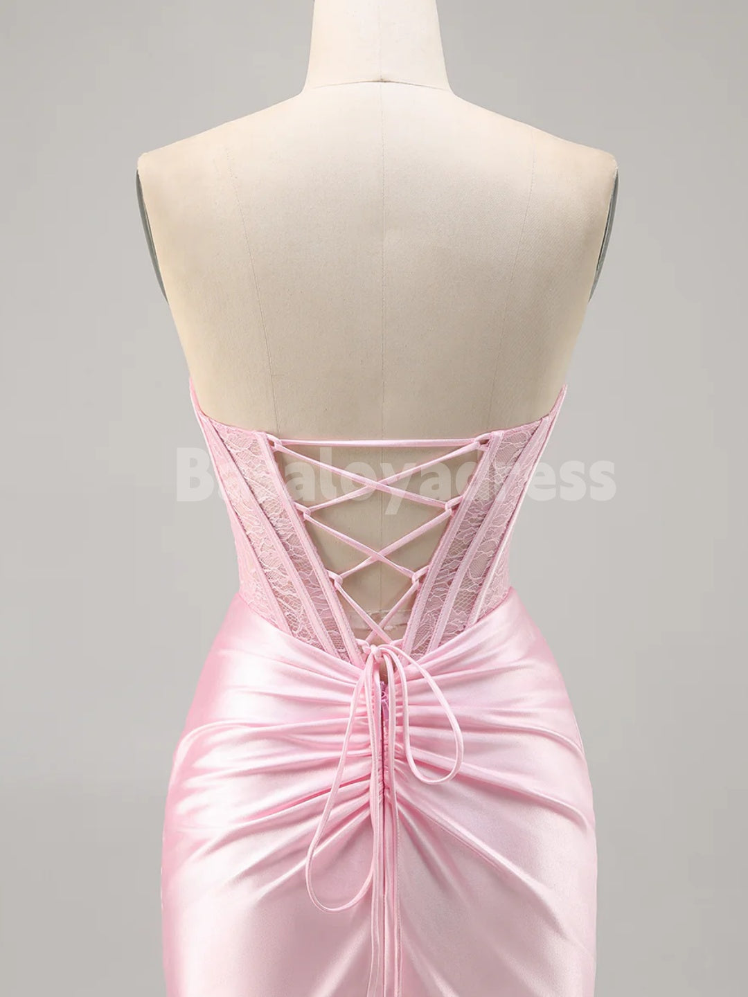 BSD00056 Corset Strapless Bodycon Lace Satin Pleated Short Homecoming Dress