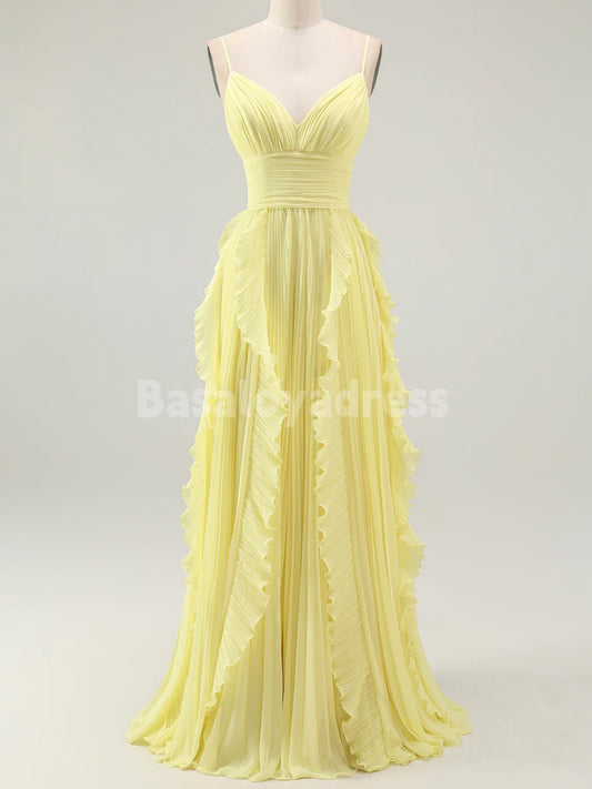 BDES00125 A Line Spaghetti Straps Chiffon Pleated Bridesmaid Dress Prom Dresses with Ruffles