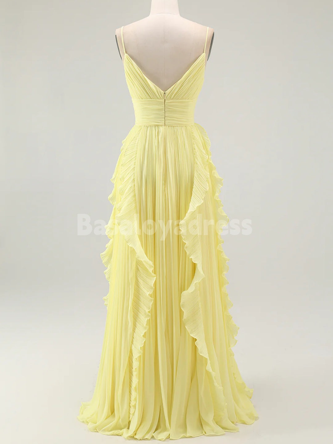 BDES00125 A Line Spaghetti Straps Chiffon Pleated Bridesmaid Dress Prom Dresses with Ruffles