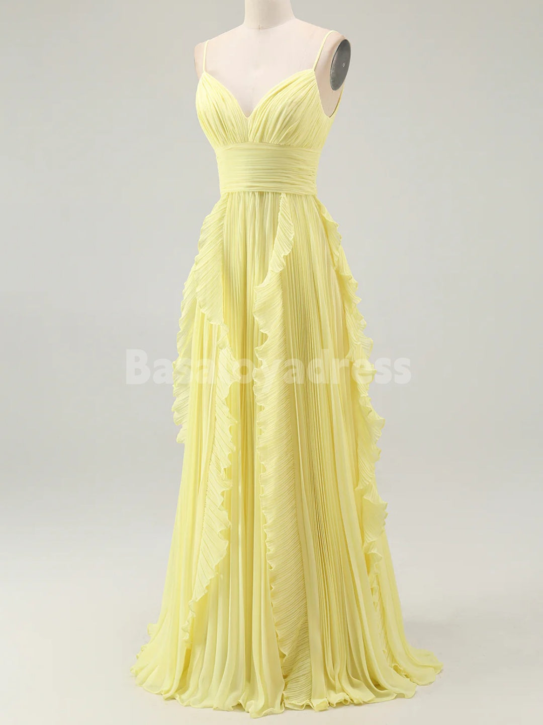 BDES00125 A Line Spaghetti Straps Chiffon Pleated Bridesmaid Dress Prom Dresses with Ruffles