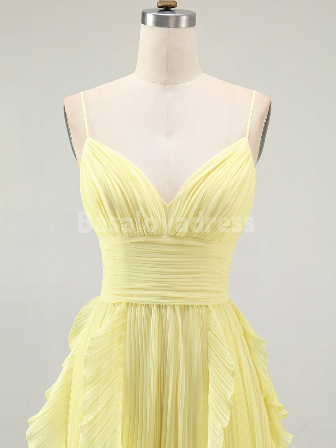 BDES00125 A Line Spaghetti Straps Chiffon Pleated Bridesmaid Dress Prom Dresses with Ruffles