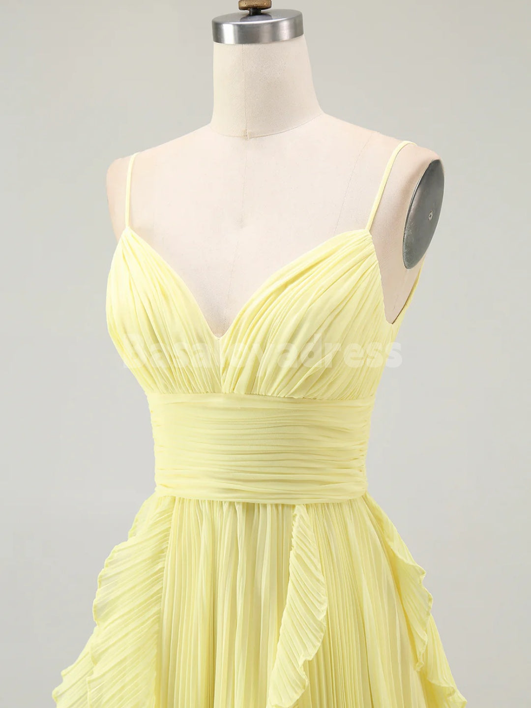 BDES00125 A Line Spaghetti Straps Chiffon Pleated Bridesmaid Dress Prom Dresses with Ruffles
