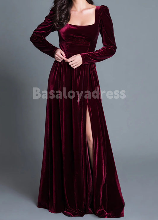 BDES00102 Burgundy Square Neck Velvet Holiday Party Dress With Slit Long Sleeves Prom Dress