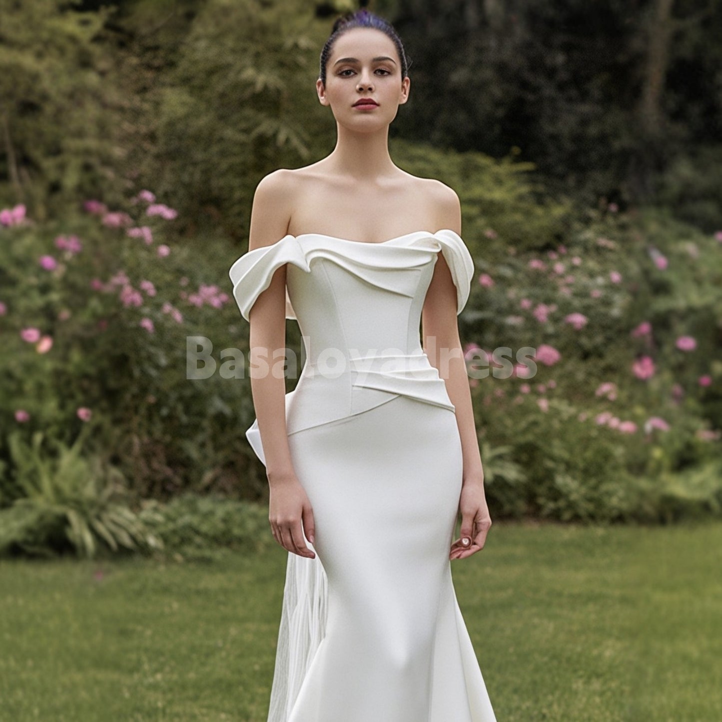 BWD00030 Off-the-shoulder Satin Pleated Mermaid Wedding Dress with Detachable Bow Train