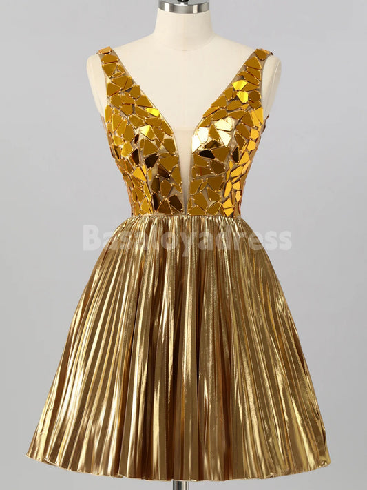 BSD00071 Gold/Navy Blue Mirror Metallic A Line Short Homecoming Dress Party Dress