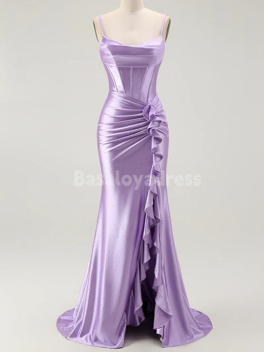 BDES00124 Sparkly Mermaid Spaghetti Straps Corset Beaded Prom Dress with Ruffles Split Front