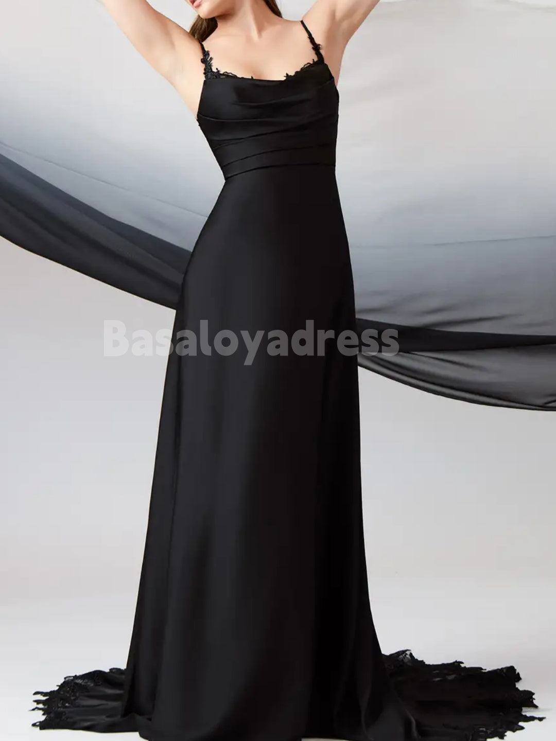 BWD00054 Gothic Simple Black A-Line Sleeveless Lace Stretch Satin Long Wedding DressWith Spaghetti Straps