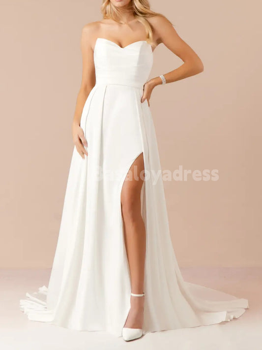 BWD00048 A-Line Crepe Back Lace Applique Dress with Detachable Spaghetti Straps and High Slit