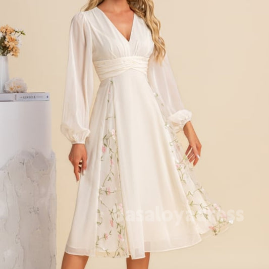 BSD00023 Pleated V-Neck Waist Tight Long Sleeve A-line Chiffon Lace Floral Midi Dress