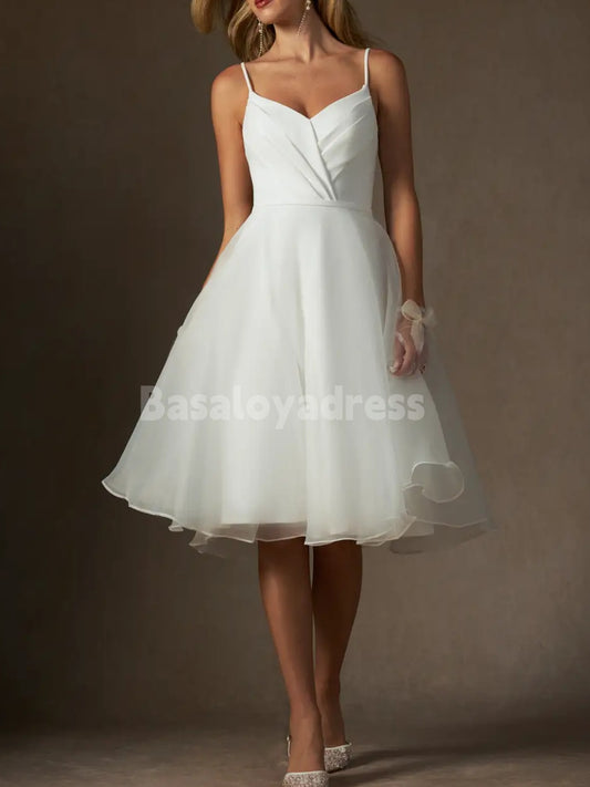BWD00058 Light Ivory A-Line V-Neck Pleated Stretch Crepe Tulle Prom Dress Little White Knee-Length Wedding Dress