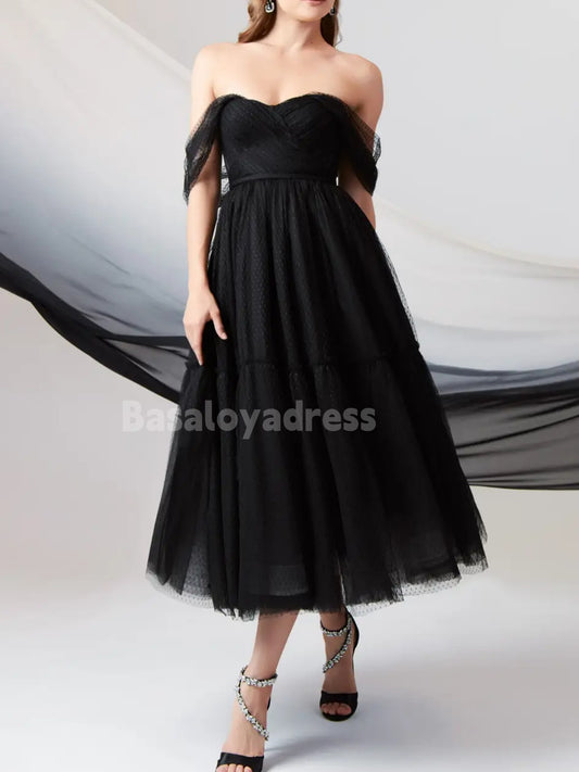 BWD00053 Gothic Black A-Line Off-The-Shouler Wedding Dress Tulle Tiered Madi Dress