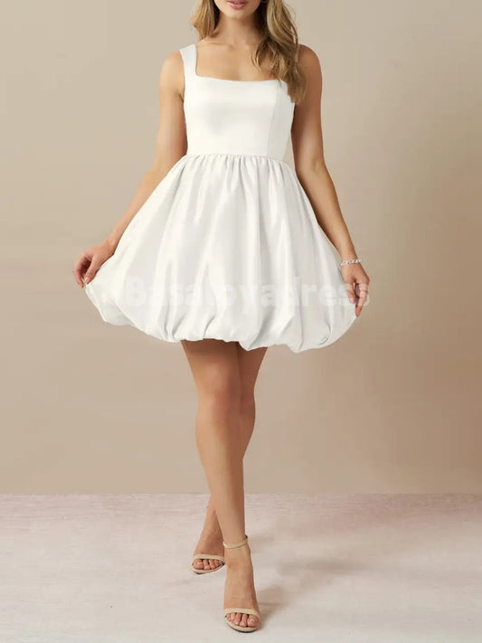 BWD00060 Light Ivory A-Line Open Back Satin Bubble Short Wedding Dress Homcoming Dress with Pockets