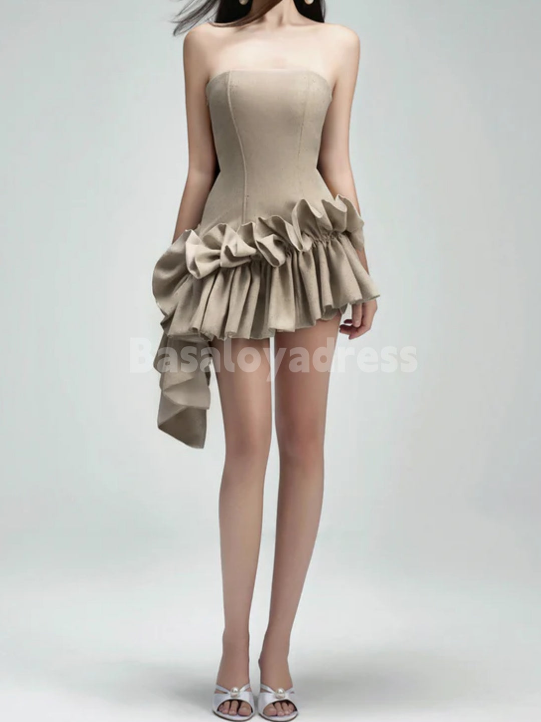 BSD00065 Asymmetric Hem Straight Across Neck Strapless Mini Dress Cocktail Party Gowns Bodycon Short Prom Dress